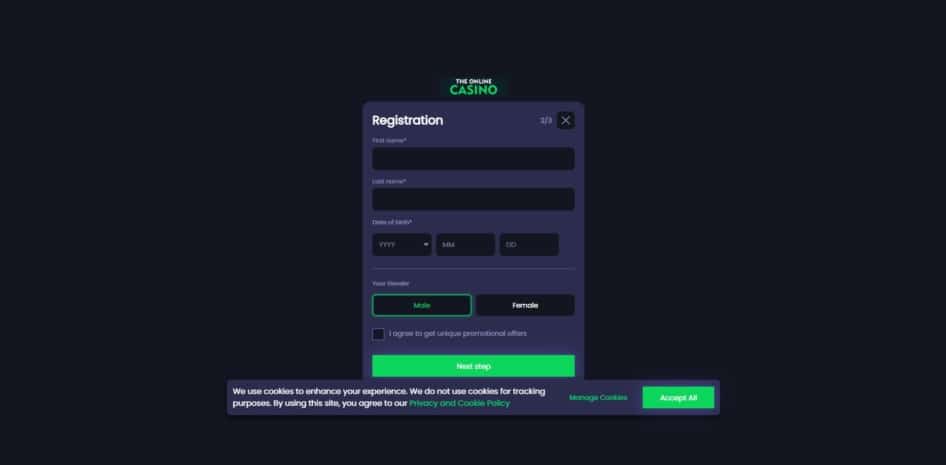 Second page of The Online Casino's sign up page
