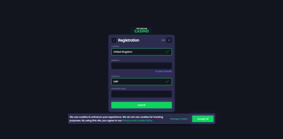 Final page of the sign up process at The Online Casino