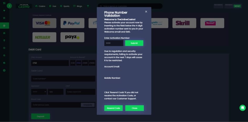 The mobile number verification page of The Online Casino