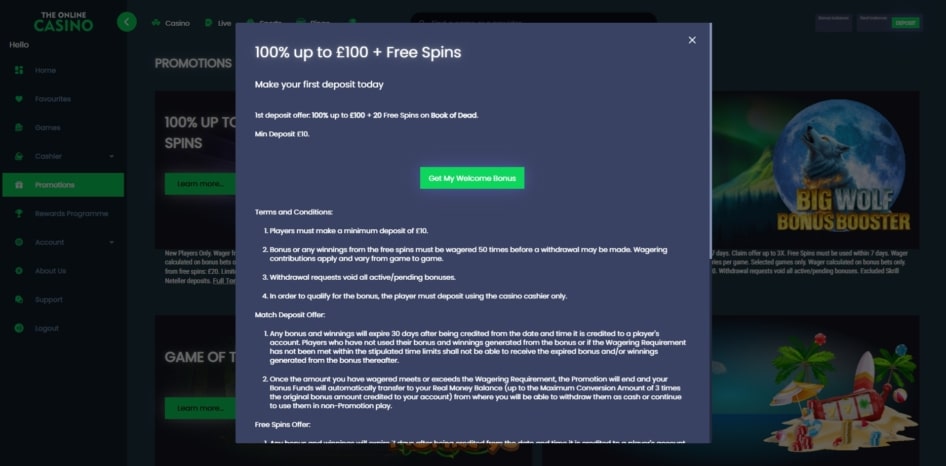 The Online Casino's welcome bonus