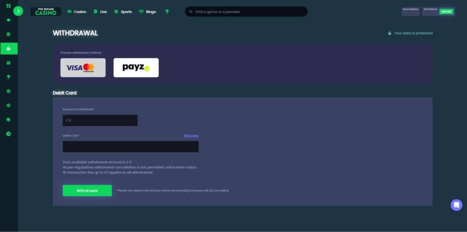 The withdrawal page at The Online Casino