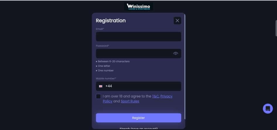 Winissimo Registration