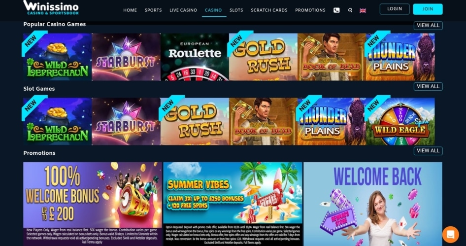 winissimo Casino Games Bonusmenu